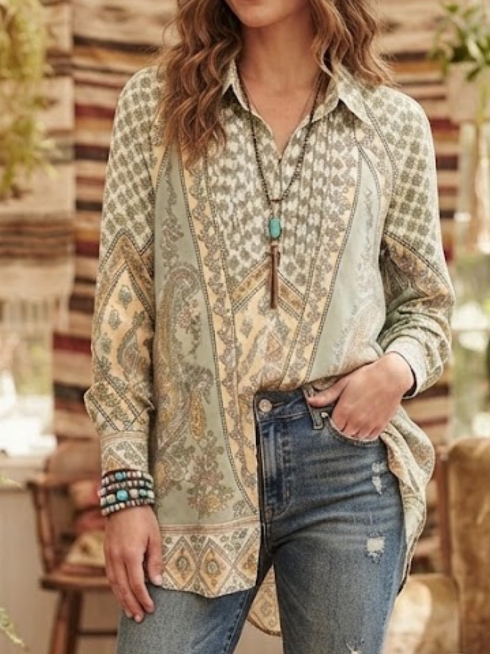 Soft Surroundings Tabitha Tunic Blouse Paisley Floral Boho Sz S